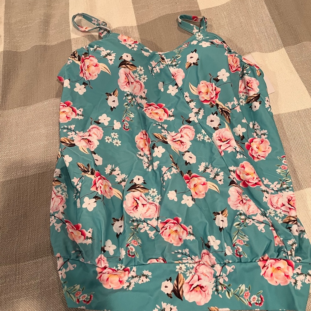 Brand new, blue with pink flowers, swim top